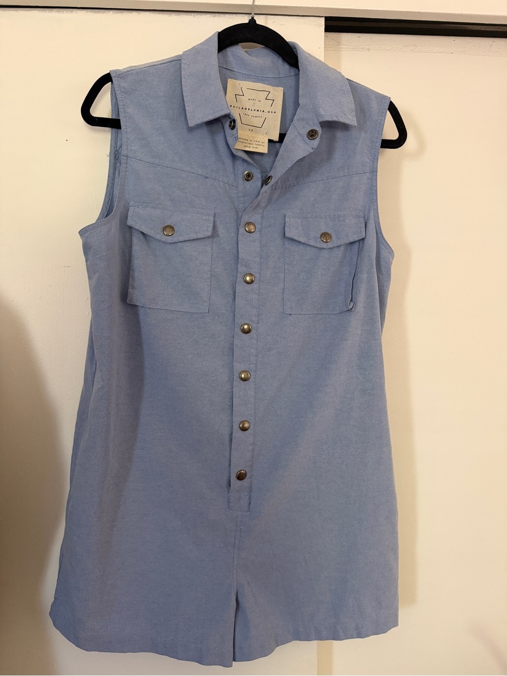 Free People Pale Blue Oxford Button-Down Romper size small